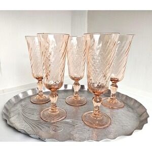 Vintage Rosaline Pink Champagne Flutes – Swirl Optic Design, Set of 5